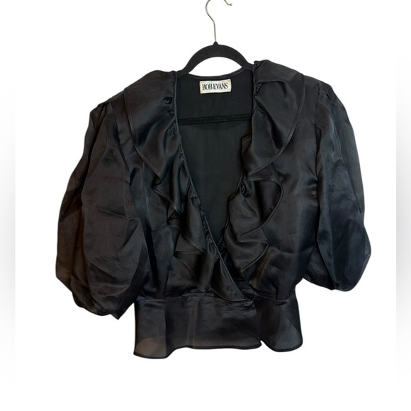 bob evans Tops - Bob Evan’s Vintage Black Silk Ruffle Puff Sleeve Sheer Blouse